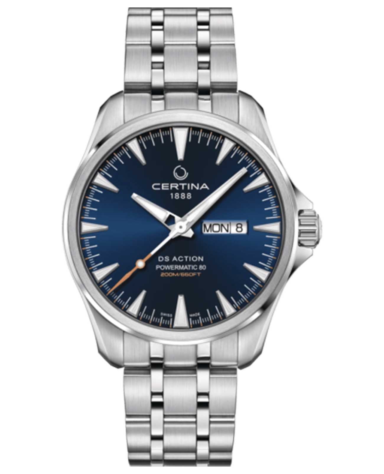 Certina Certina DS Action Day-Date Powermatic 80 C033.407.22.011.00 DS Action C0334072201100 механические женские часы синий циферблат, браслет нержавеющая сталь — вид спереди